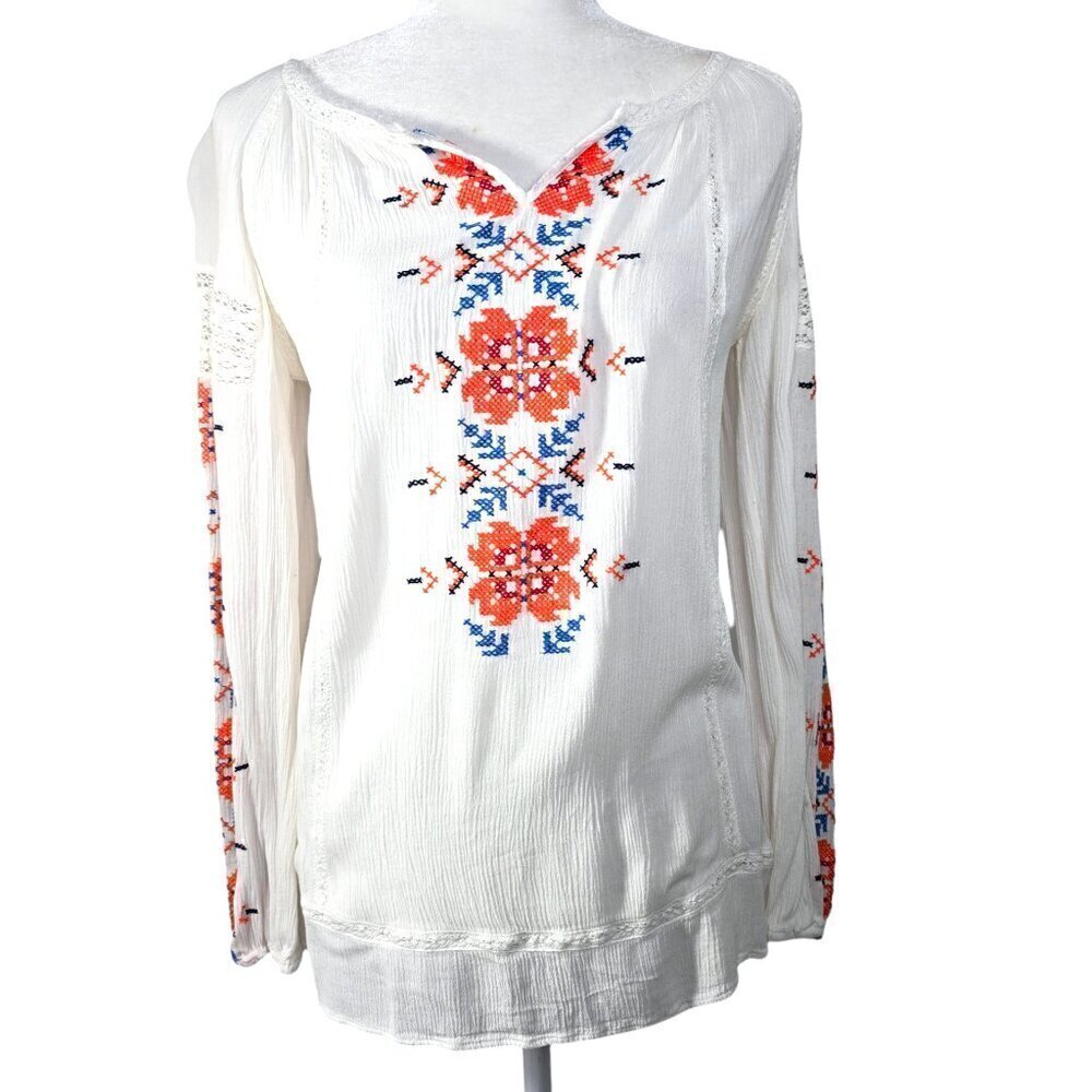 Sundance White Embroidered Boho Red Blue Floral Long Sleeve V Neck Top